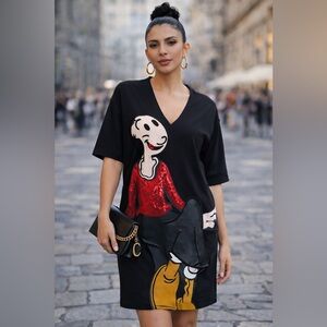 Mo&Co Black Dress with Olive Cartoon Print & Red Sequin T-Shirt Dress – XS